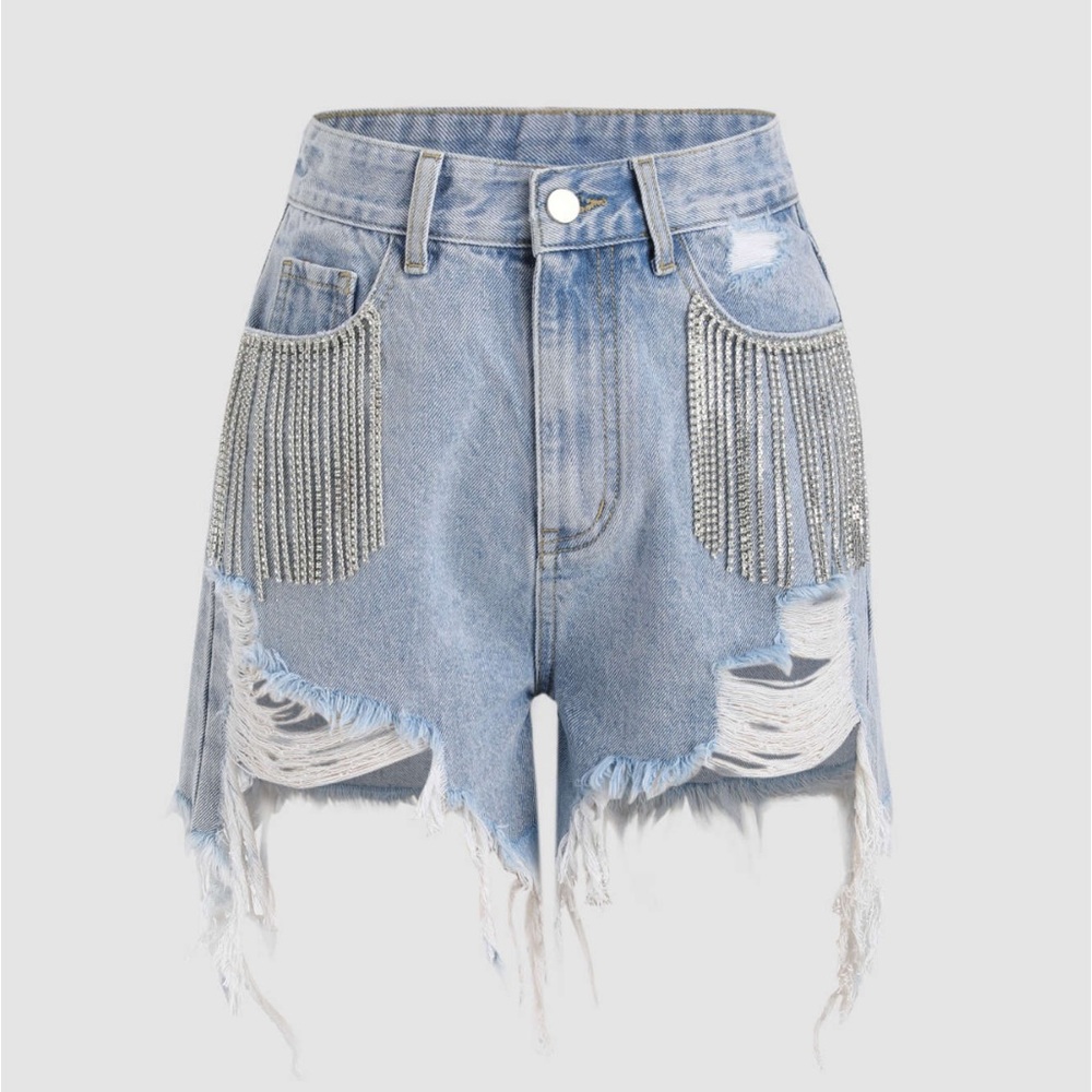 High waist Jean shorts with rhinestone fringe.